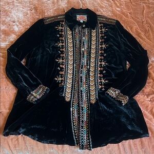 Johnny Was Black Velvet Embroidered Blouse Medium